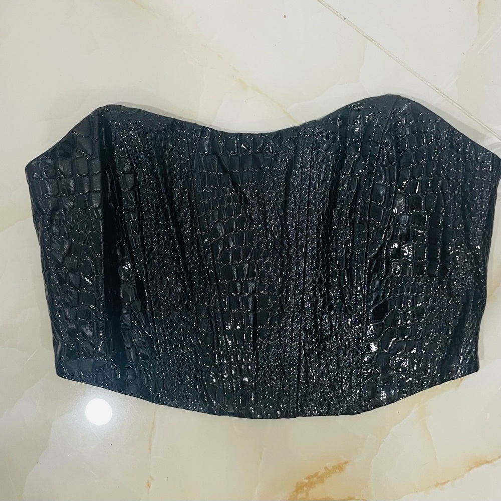 Rehab Lab Black Strapless Corset Style Top  Shiny Faux Crocodile Womens Size S